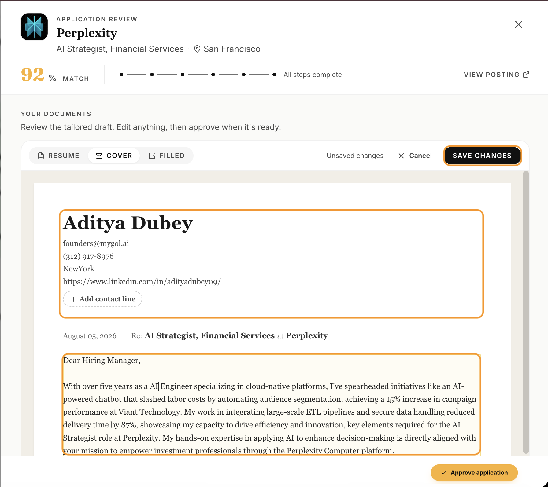 Application review showing an editable cover letter draft