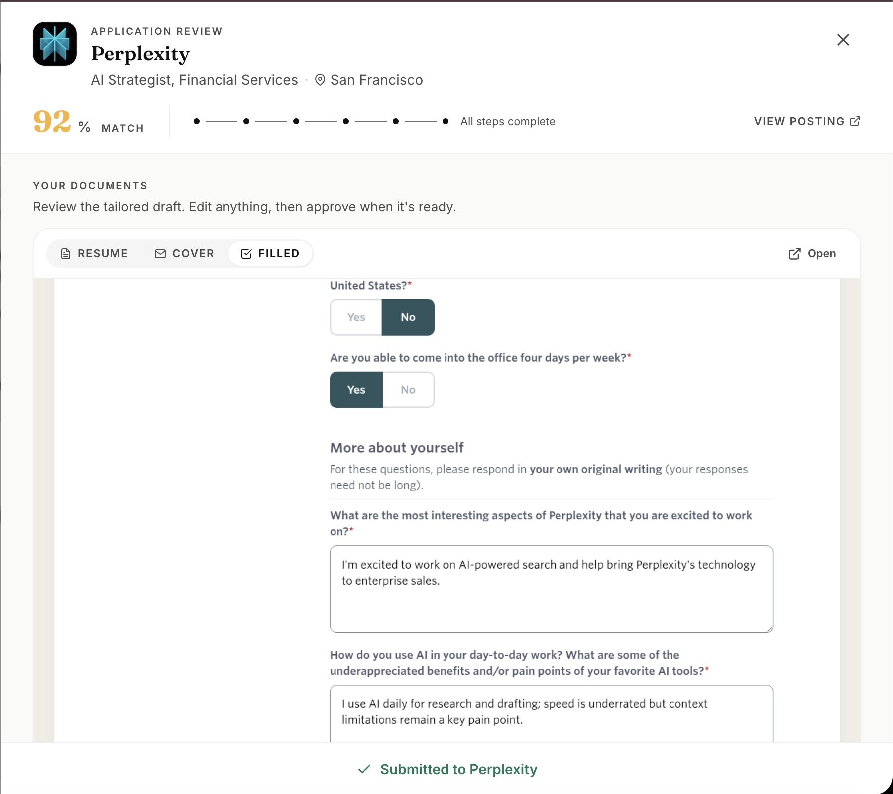 Application review showing filled employer form fields ready to inspect
