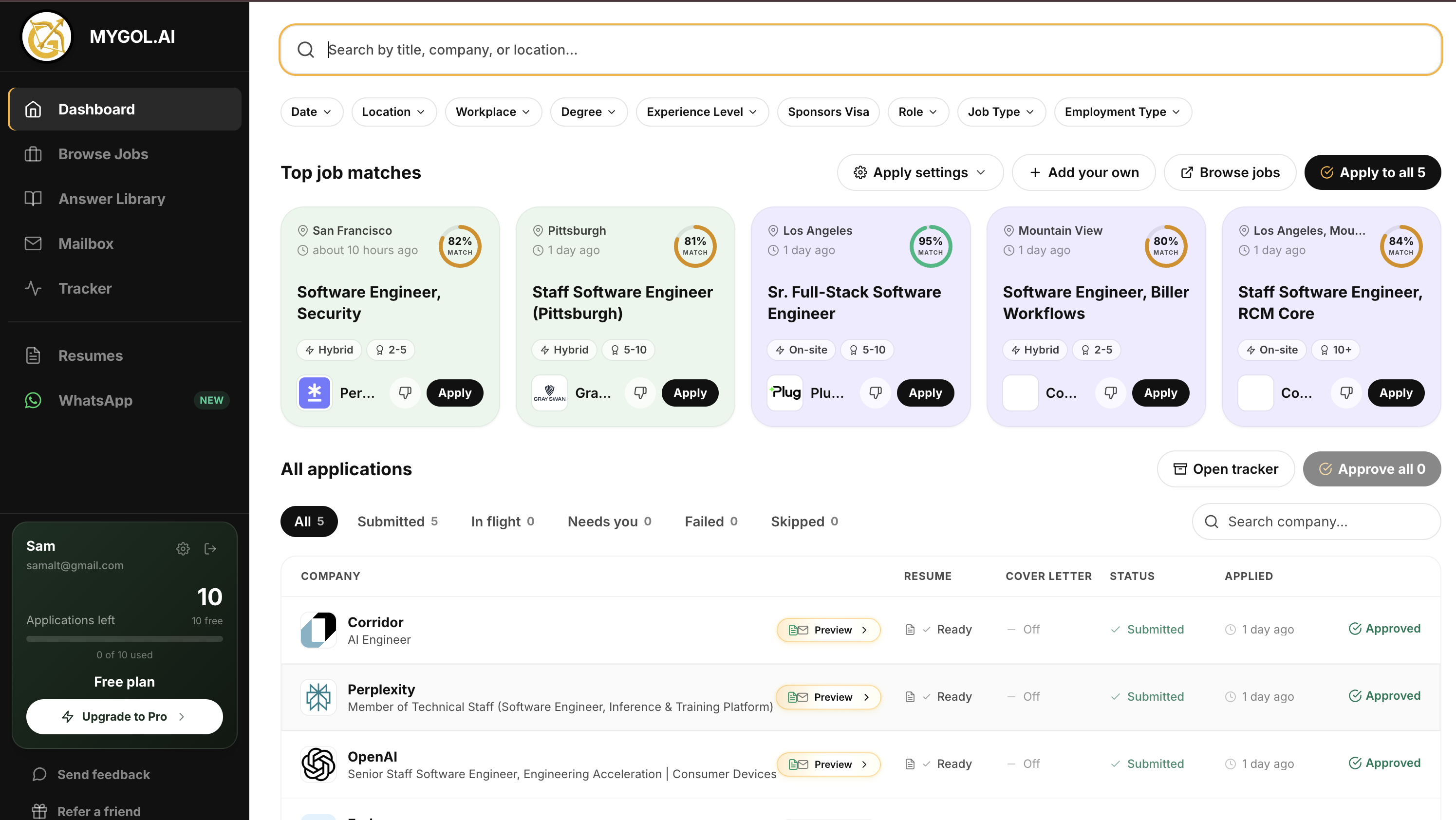 mygol.ai dashboard showing job matches, tailored résumés, and application statuses