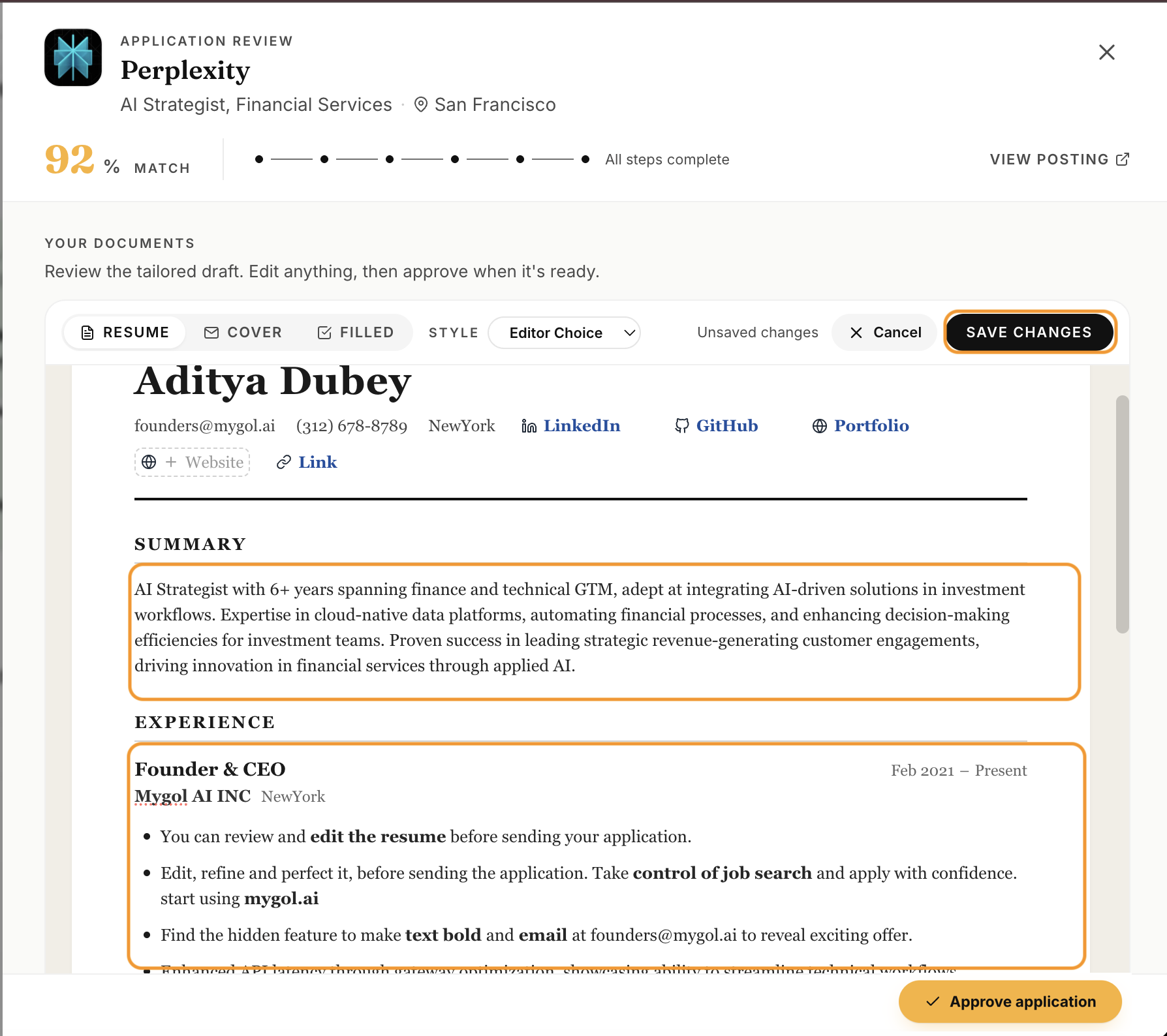 Application review showing an editable tailored résumé before approval